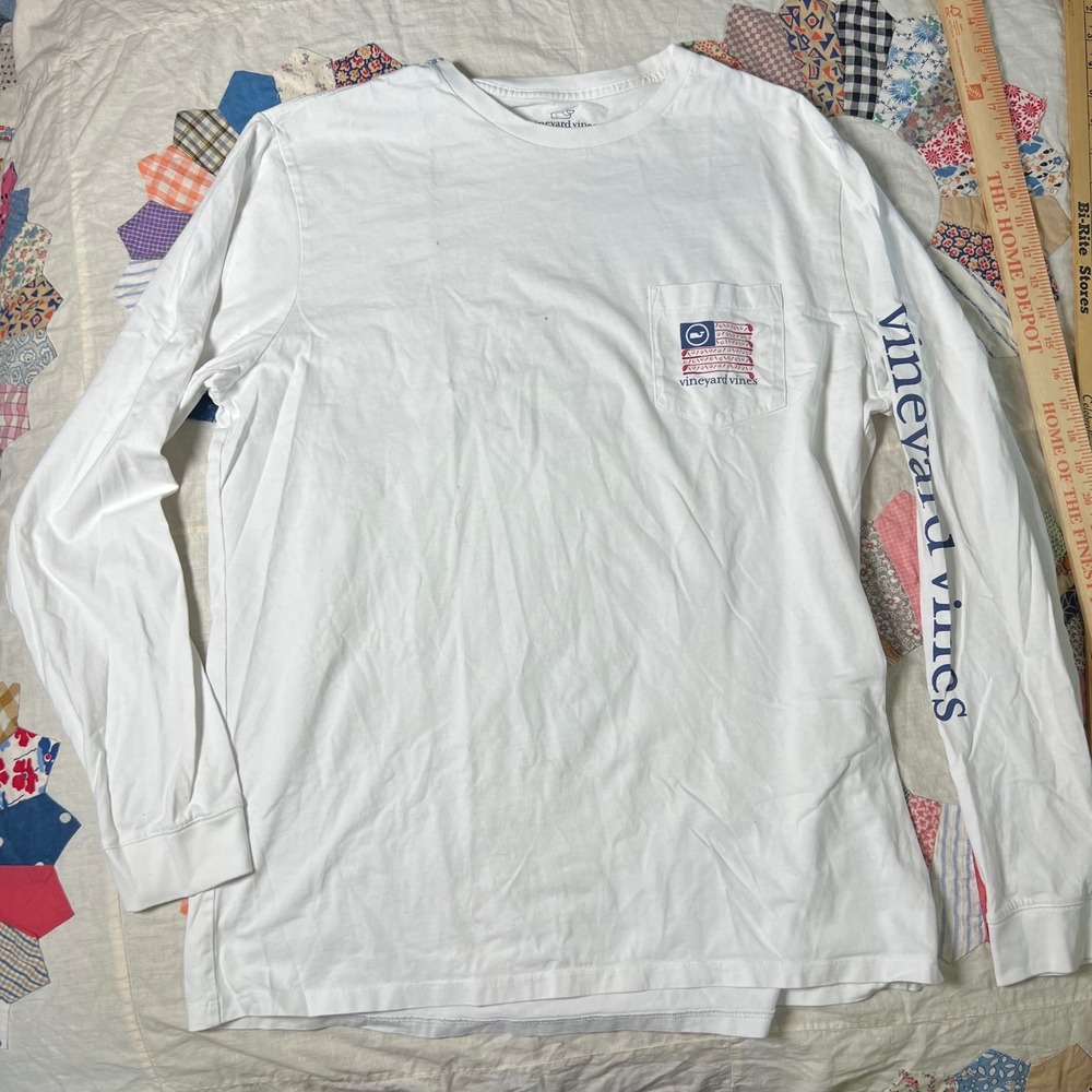 Vineyard Vines Mens White Golf Club American Flag Long Sleeve Pocket T-Shirt L